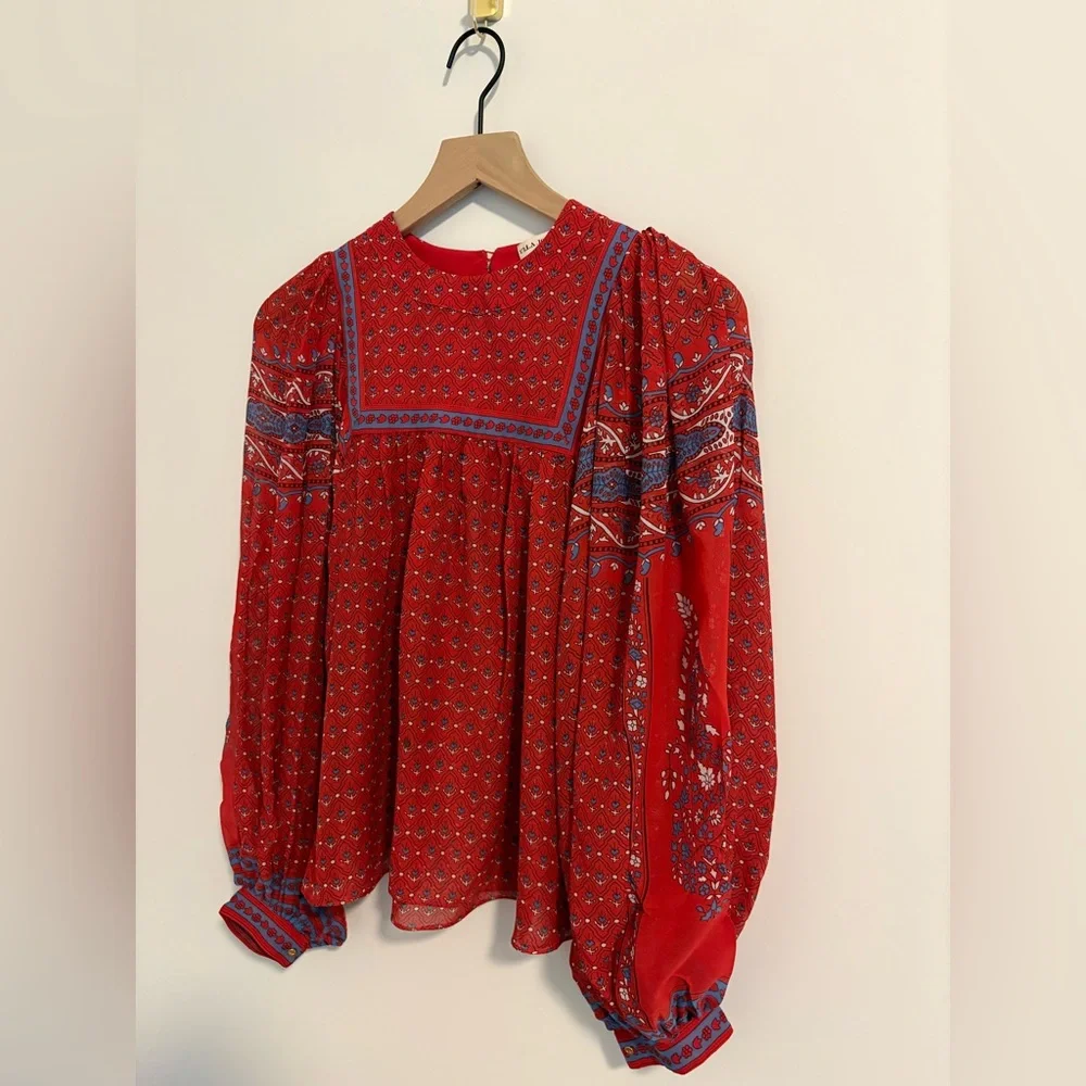 Ulla Johnson Red Blue Floral Paisley Silk Bohemian Blouse Size 0-2 - Picture 4 of 9